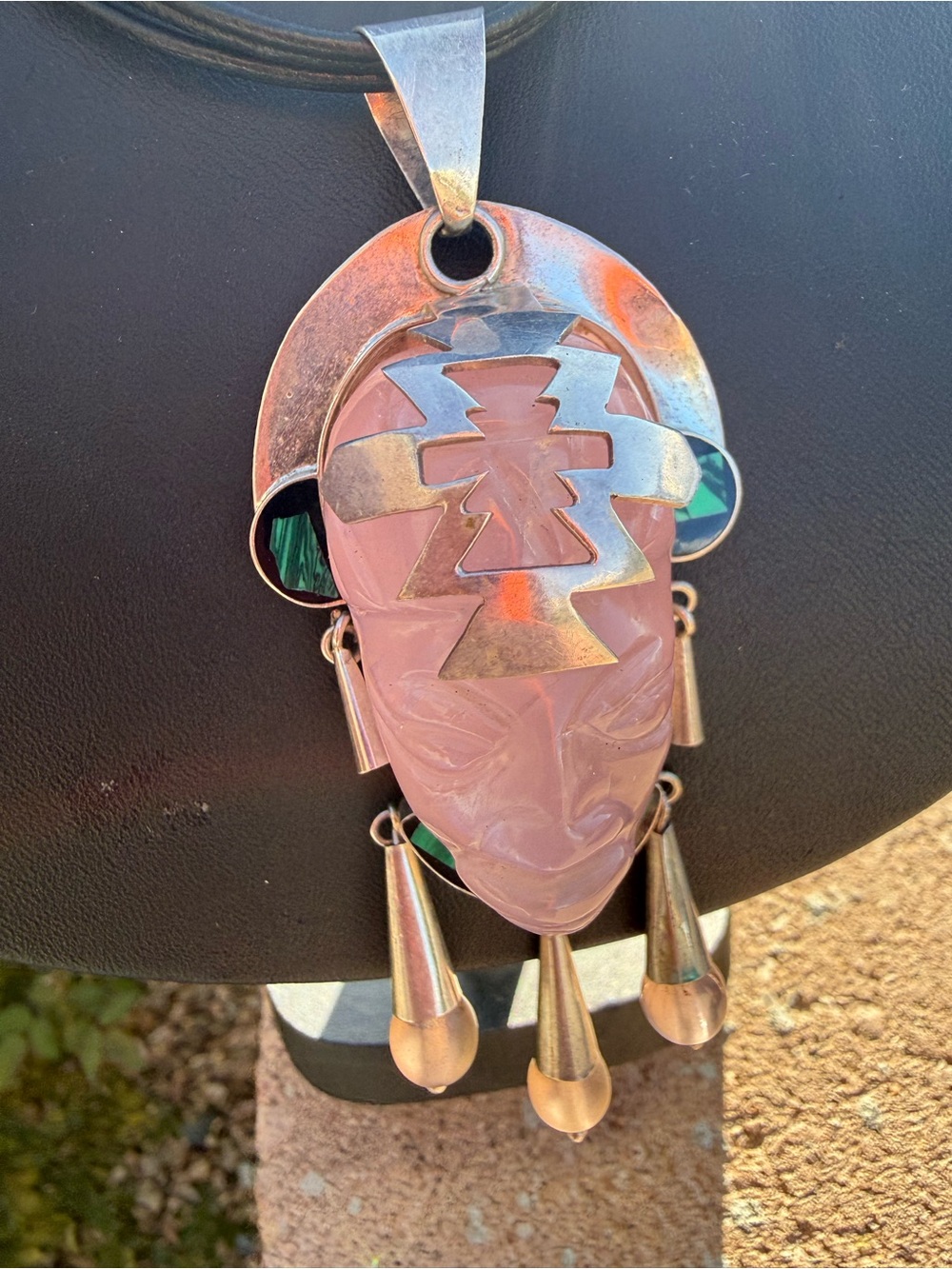 Mexico Sterling 925 Carved Rose Quartz Aztec Face Necklace